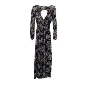 Blue Floral Maxi Dress - Open Back & Sleeved - Size Small